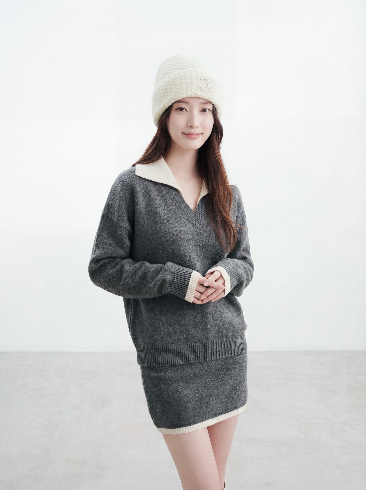 撞色毛衣+半身裙套裝