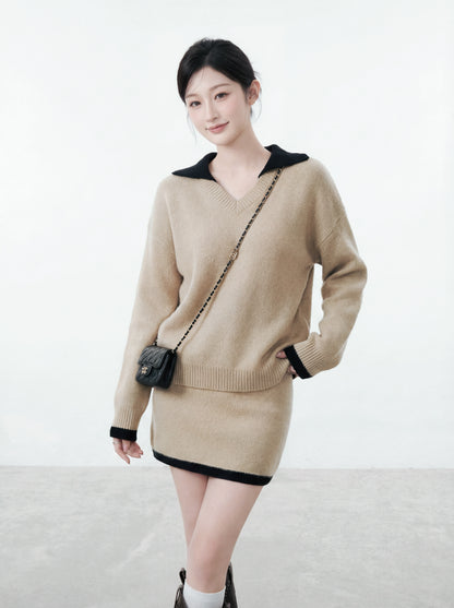 撞色毛衣+半身裙套裝