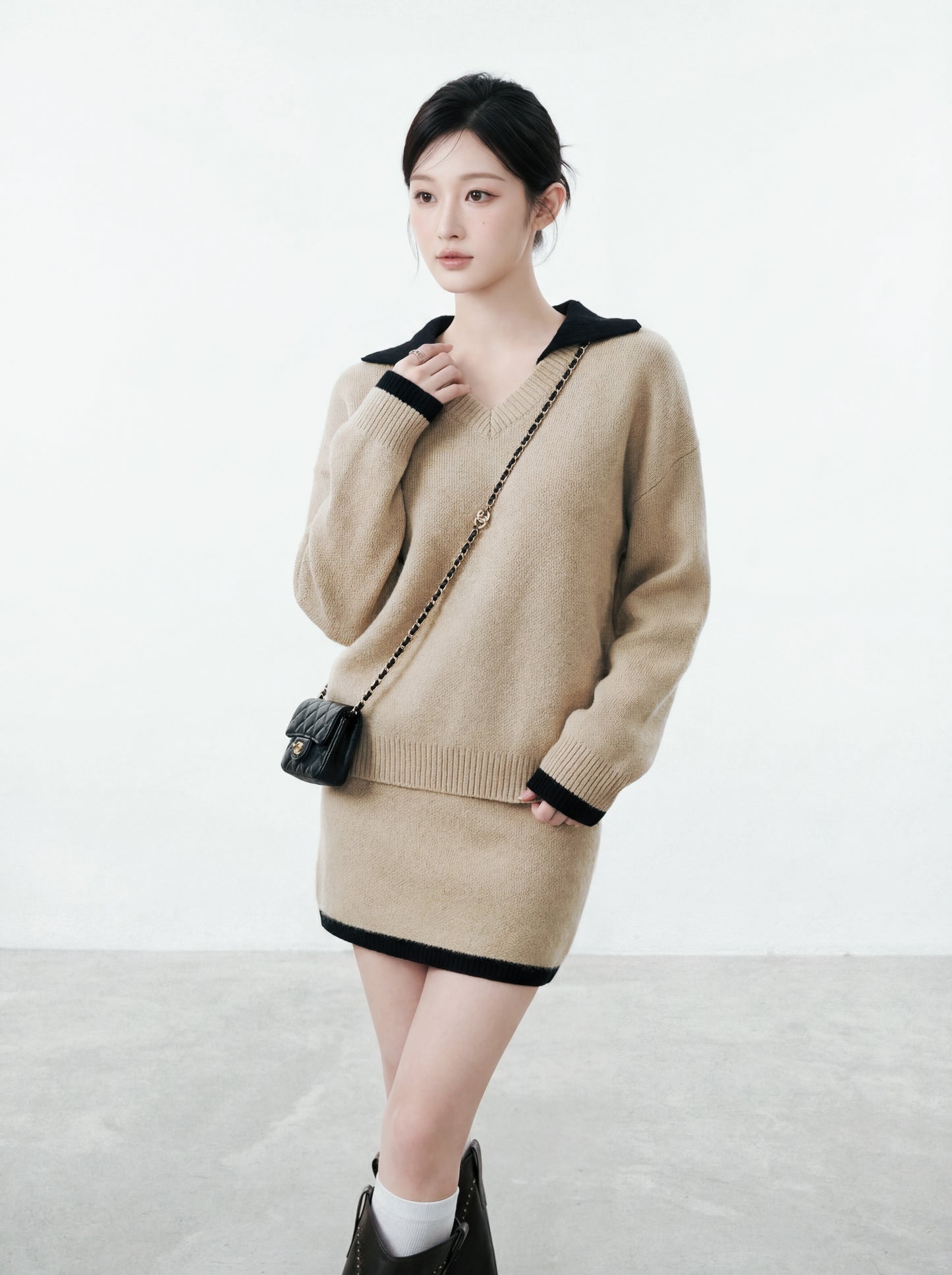 撞色毛衣+半身裙套裝