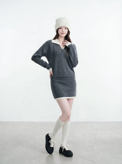 撞色毛衣+半身裙套裝