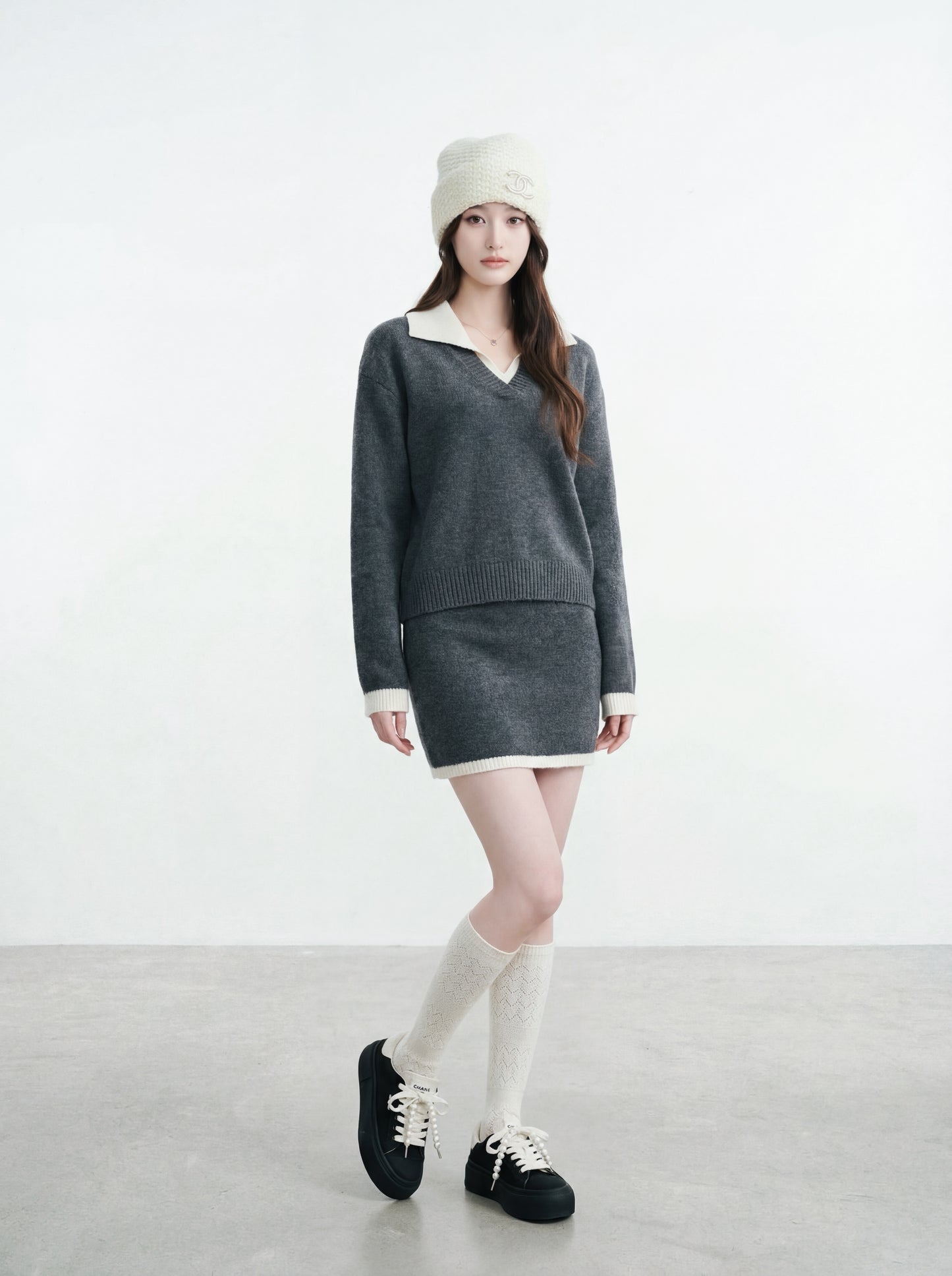 撞色毛衣+半身裙套裝