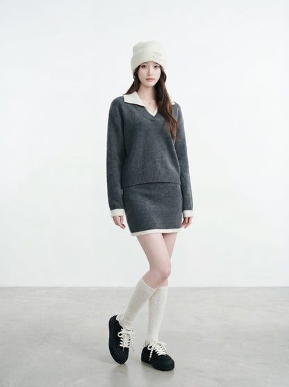 撞色毛衣+半身裙套裝