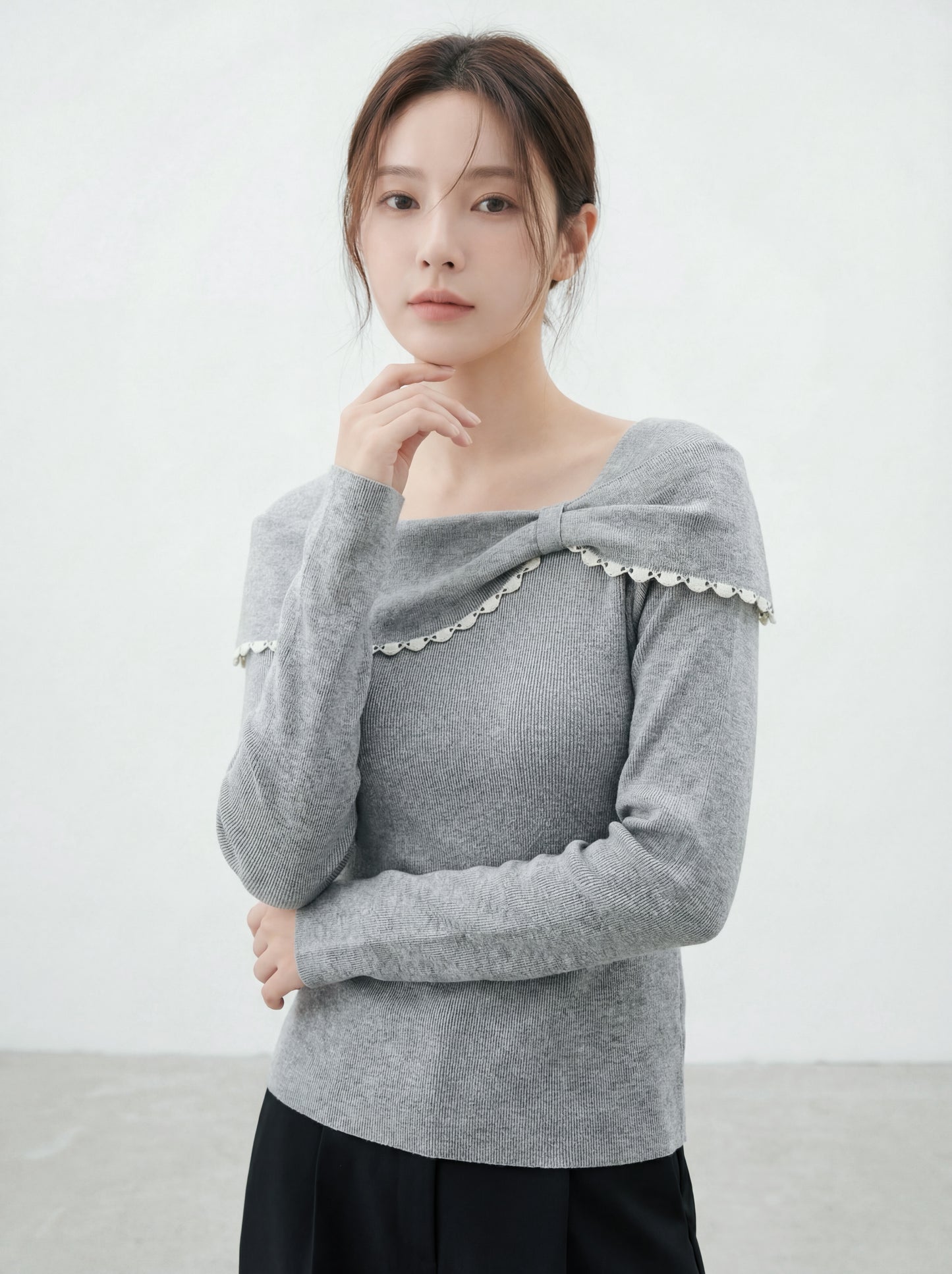 韓風一字肩蝴蝶結針織上衣