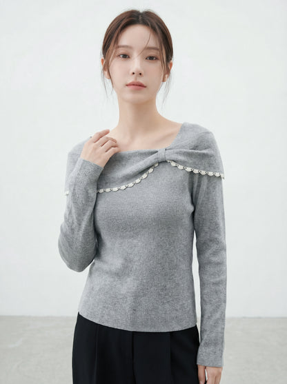 韓風一字肩蝴蝶結針織上衣