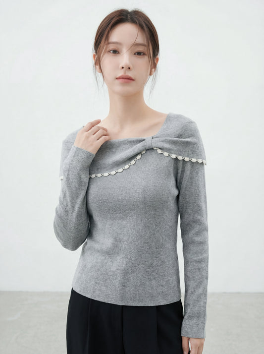 韓風一字肩蝴蝶結針織上衣