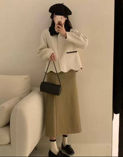 花花翻領羊絨外套