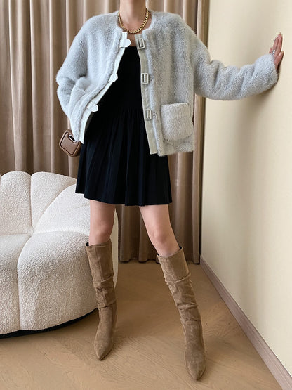 French Style Leather Buckle Mink Fur Coat