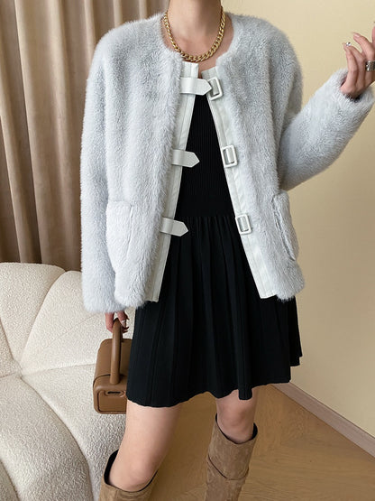 French Style Leather Buckle Mink Fur Coat