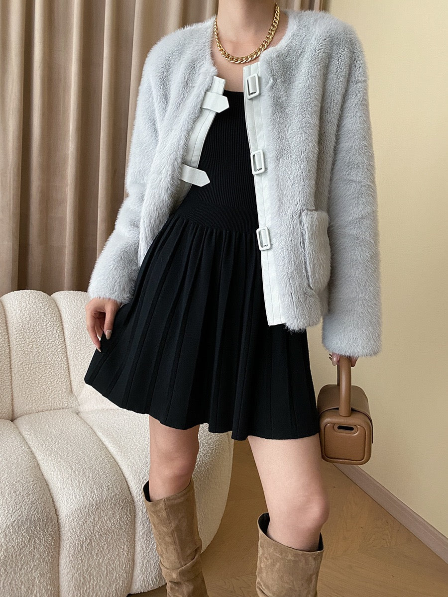 French Style Leather Buckle Mink Fur Coat