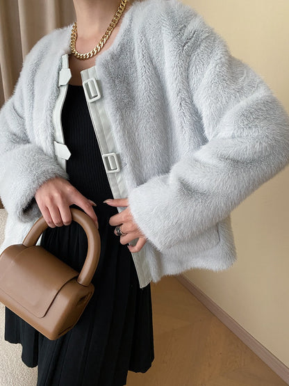 French Style Leather Buckle Mink Fur Coat