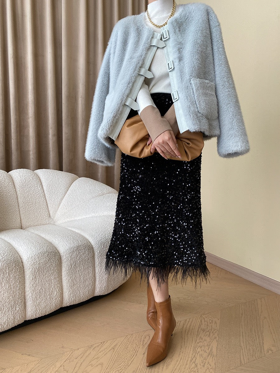 French Style Leather Buckle Mink Fur Coat