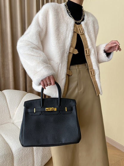 French Style Leather Buckle Mink Fur Coat