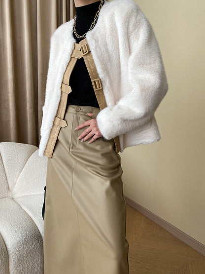French Style Leather Buckle Mink Fur Coat