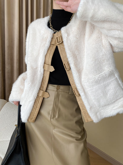 French Style Leather Buckle Mink Fur Coat