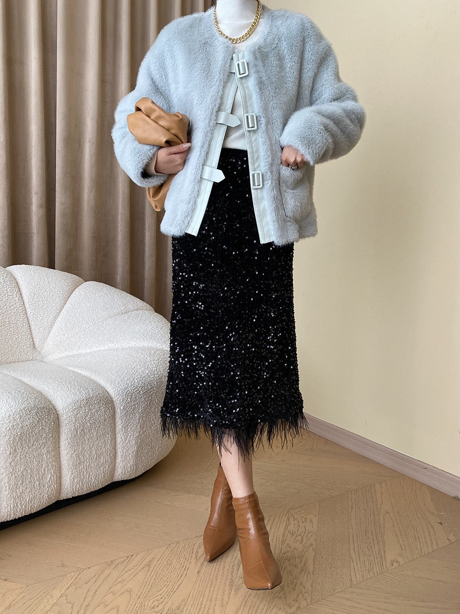 French Style Leather Buckle Mink Fur Coat