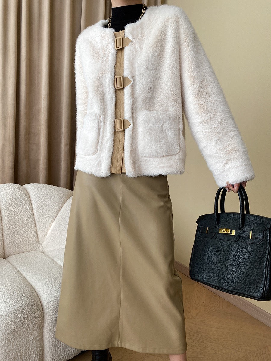 French Style Leather Buckle Mink Fur Coat