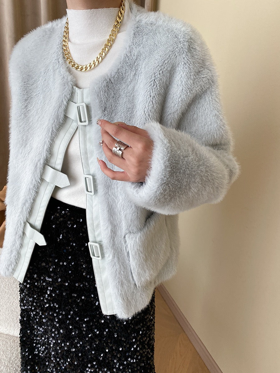 French Style Leather Buckle Mink Fur Coat