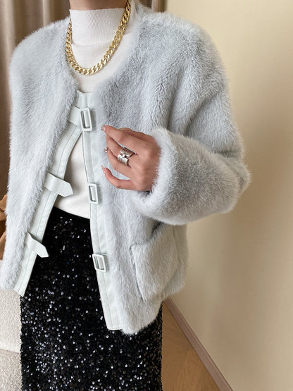 French Style Leather Buckle Mink Fur Coat