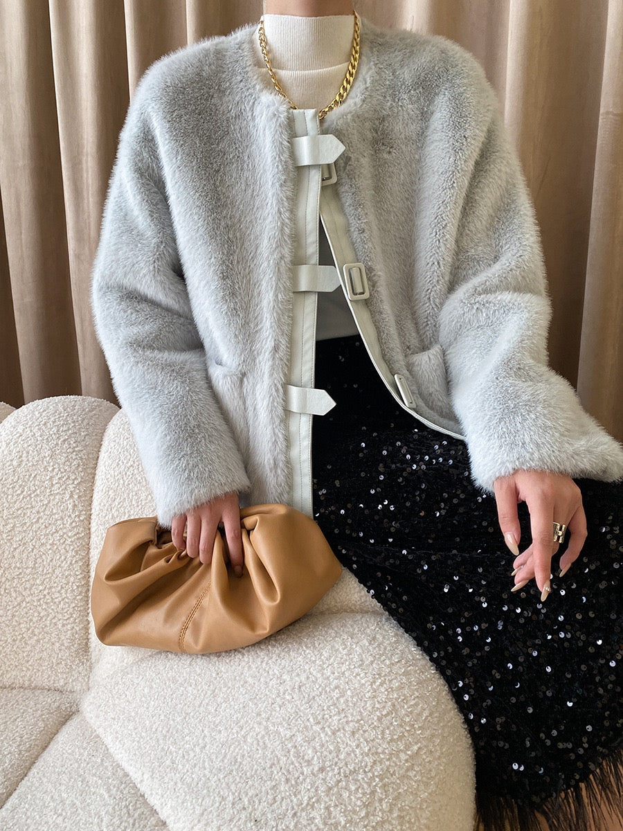 French Style Leather Buckle Mink Fur Coat