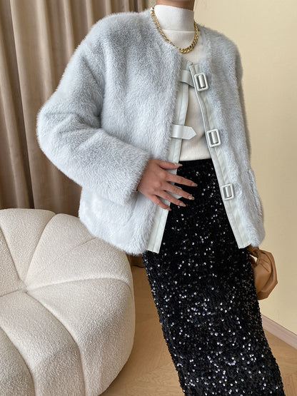 French Style Leather Buckle Mink Fur Coat