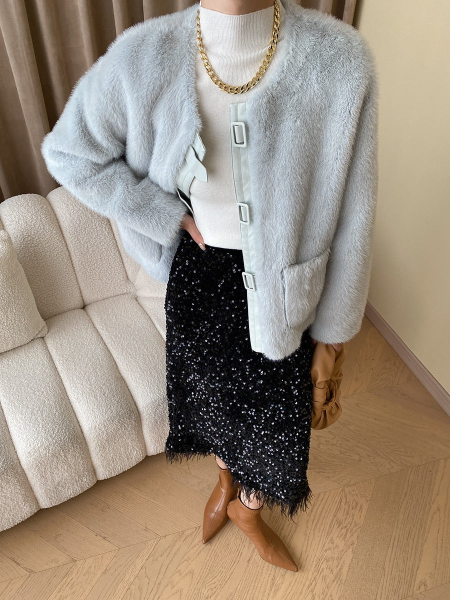 French Style Leather Buckle Mink Fur Coat