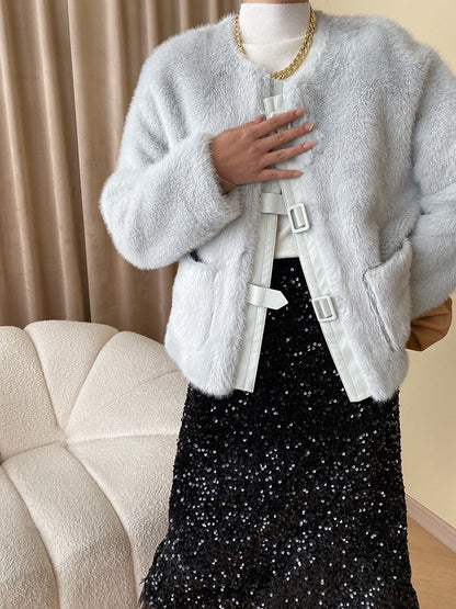 French Style Leather Buckle Mink Fur Coat