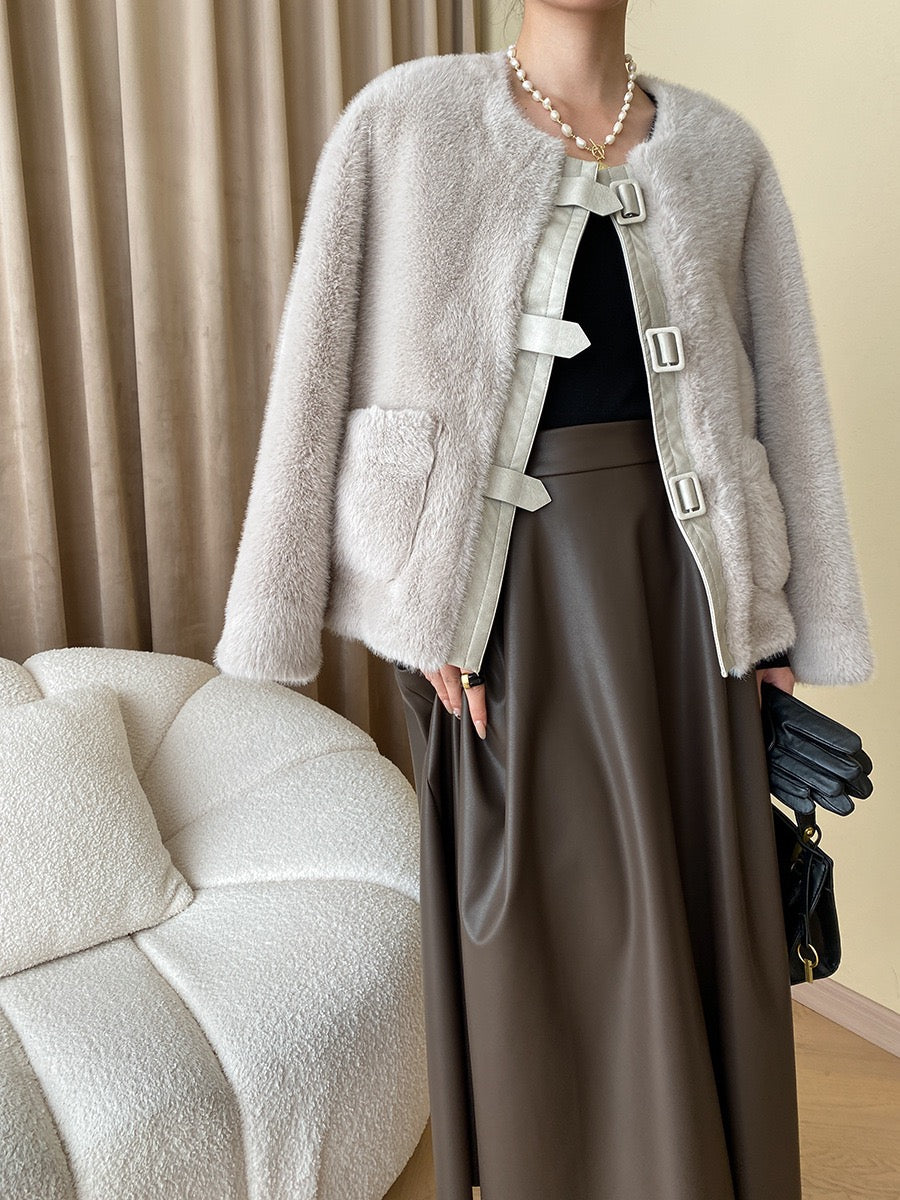 French Style Leather Buckle Mink Fur Coat