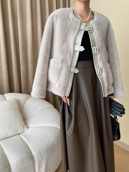 French Style Leather Buckle Mink Fur Coat