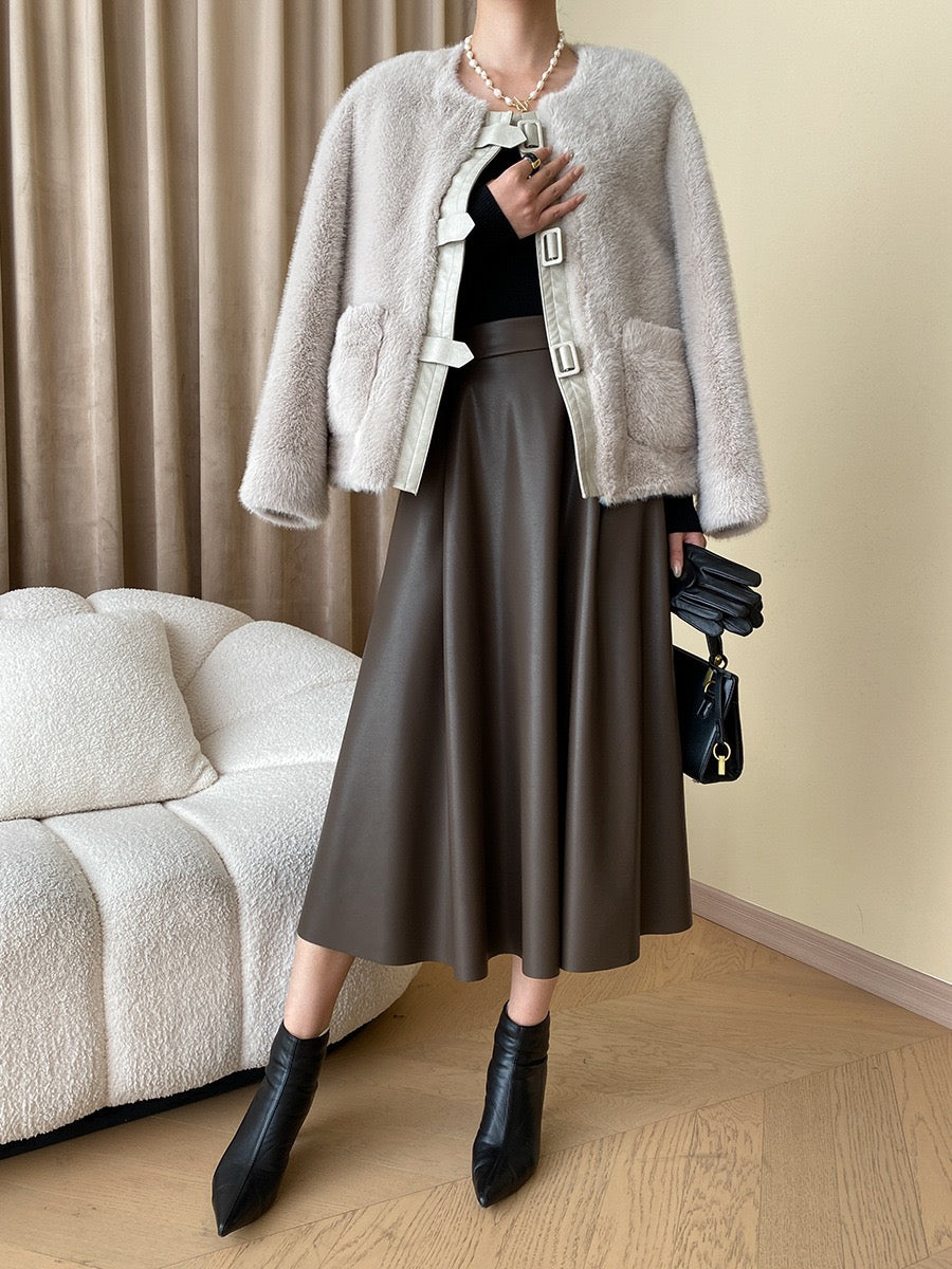 French Style Leather Buckle Mink Fur Coat