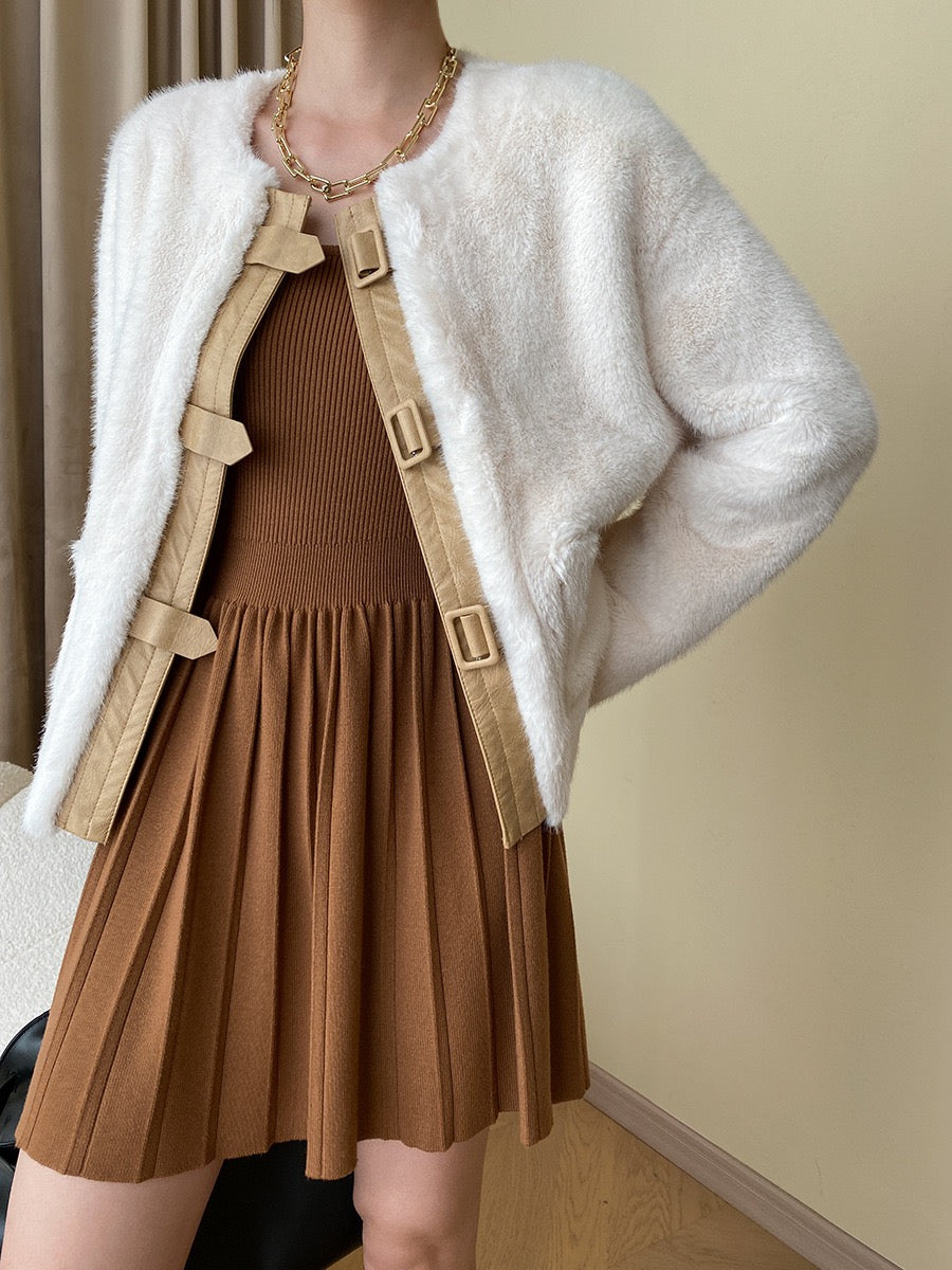 French Style Leather Buckle Mink Fur Coat