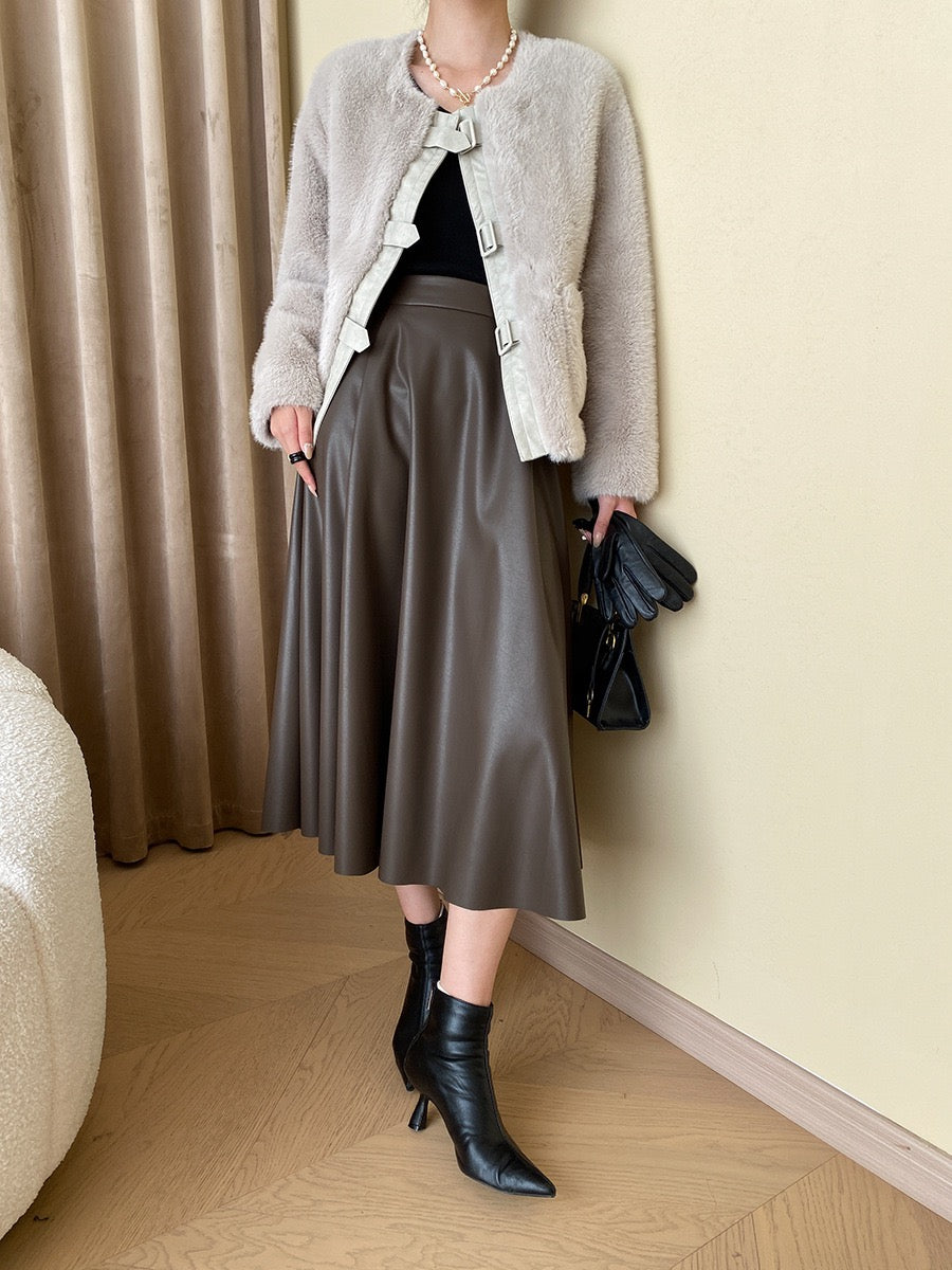 French Style Leather Buckle Mink Fur Coat