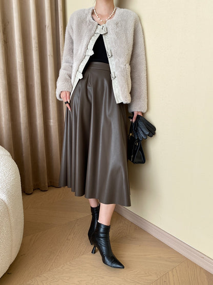 French Style Leather Buckle Mink Fur Coat