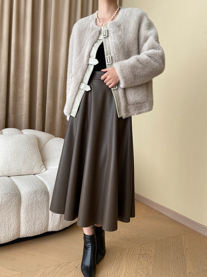 French Style Leather Buckle Mink Fur Coat