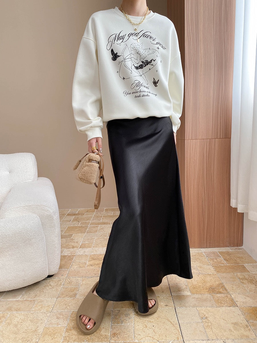 French Satin High-Waisted A-Line Midi Skirt