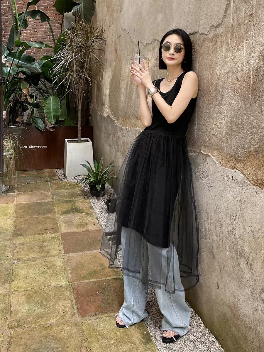 編み糸Uネックタンクトップロングスカート