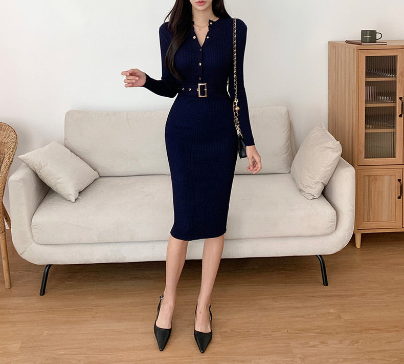 法式包臀針織連身裙