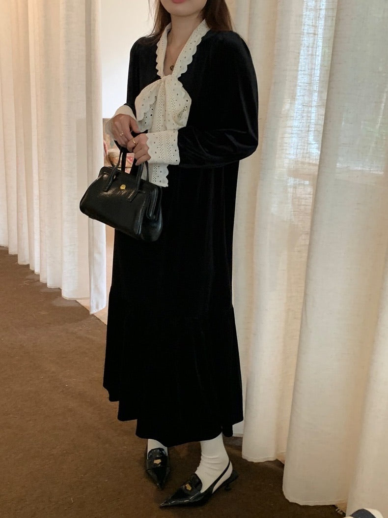 ヴィンテージ風Vネックリボン付きワンピース