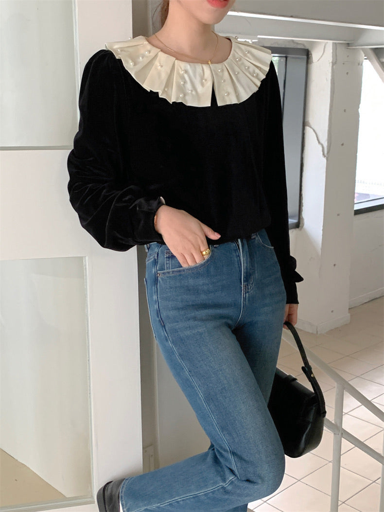 荷葉珍珠領絲絨上衣