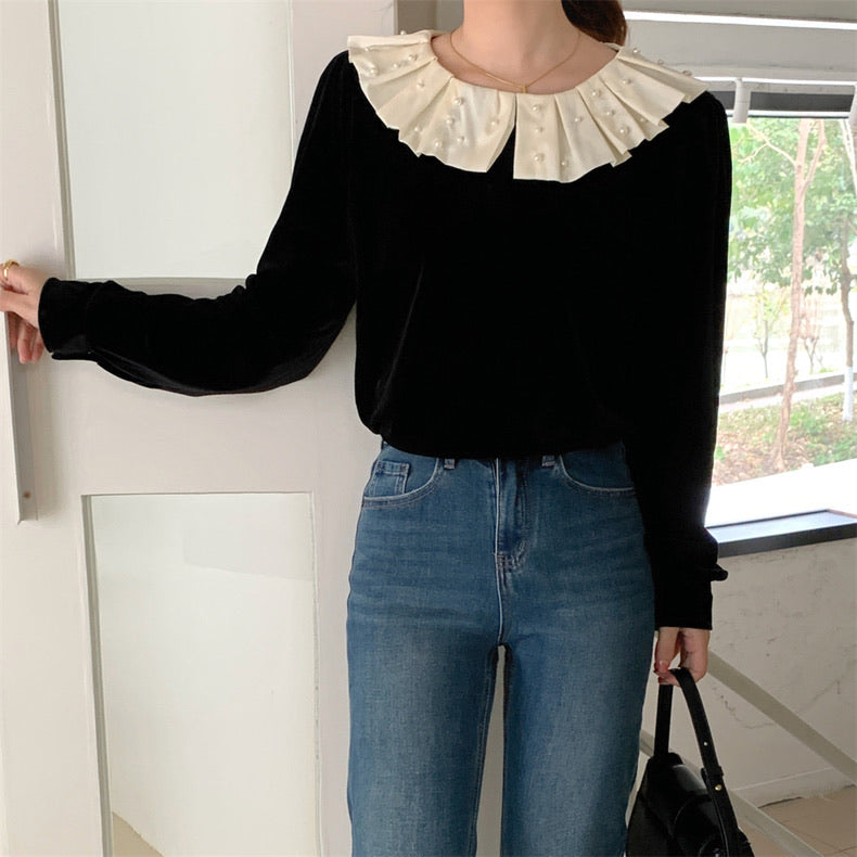 荷葉珍珠領絲絨上衣