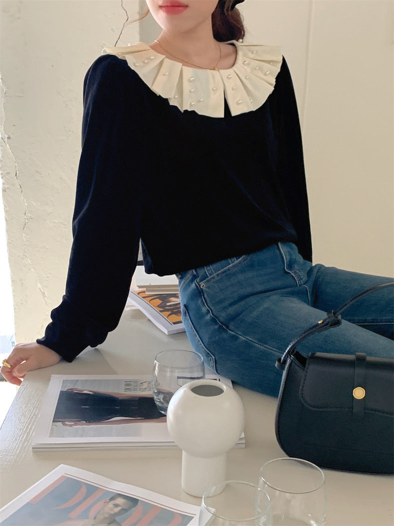 荷葉珍珠領絲絨上衣