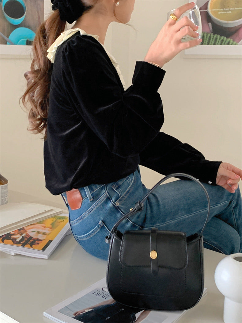 荷葉珍珠領絲絨上衣