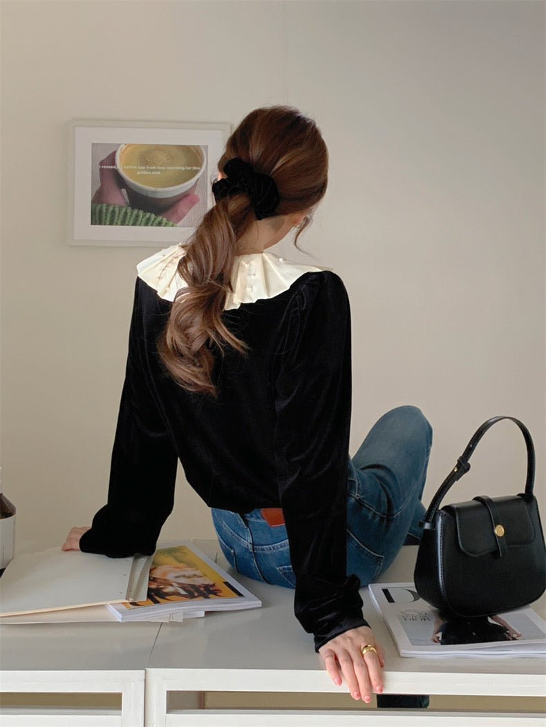 荷葉珍珠領絲絨上衣