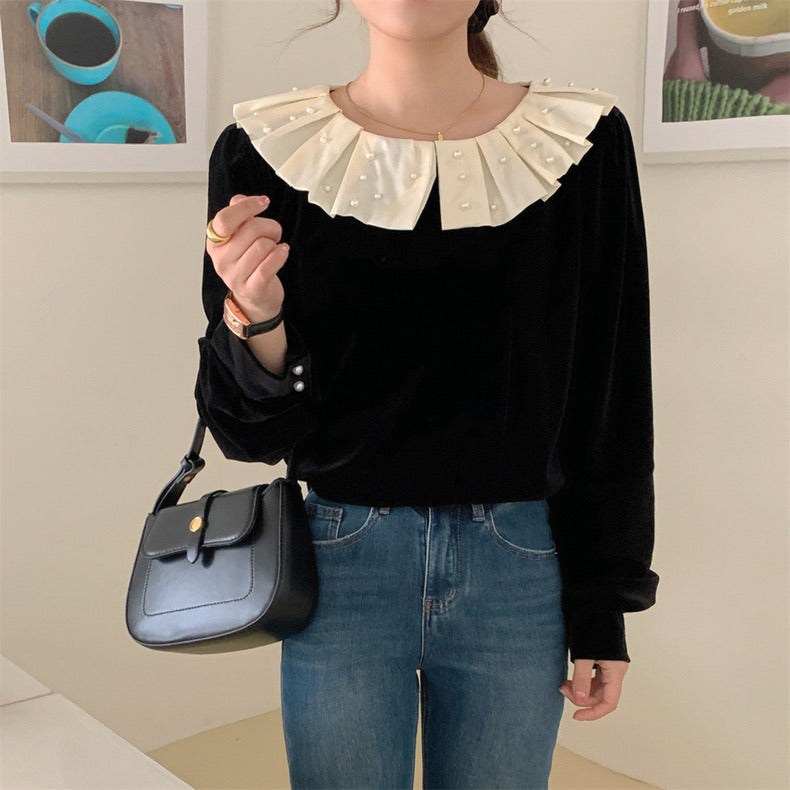荷葉珍珠領絲絨上衣