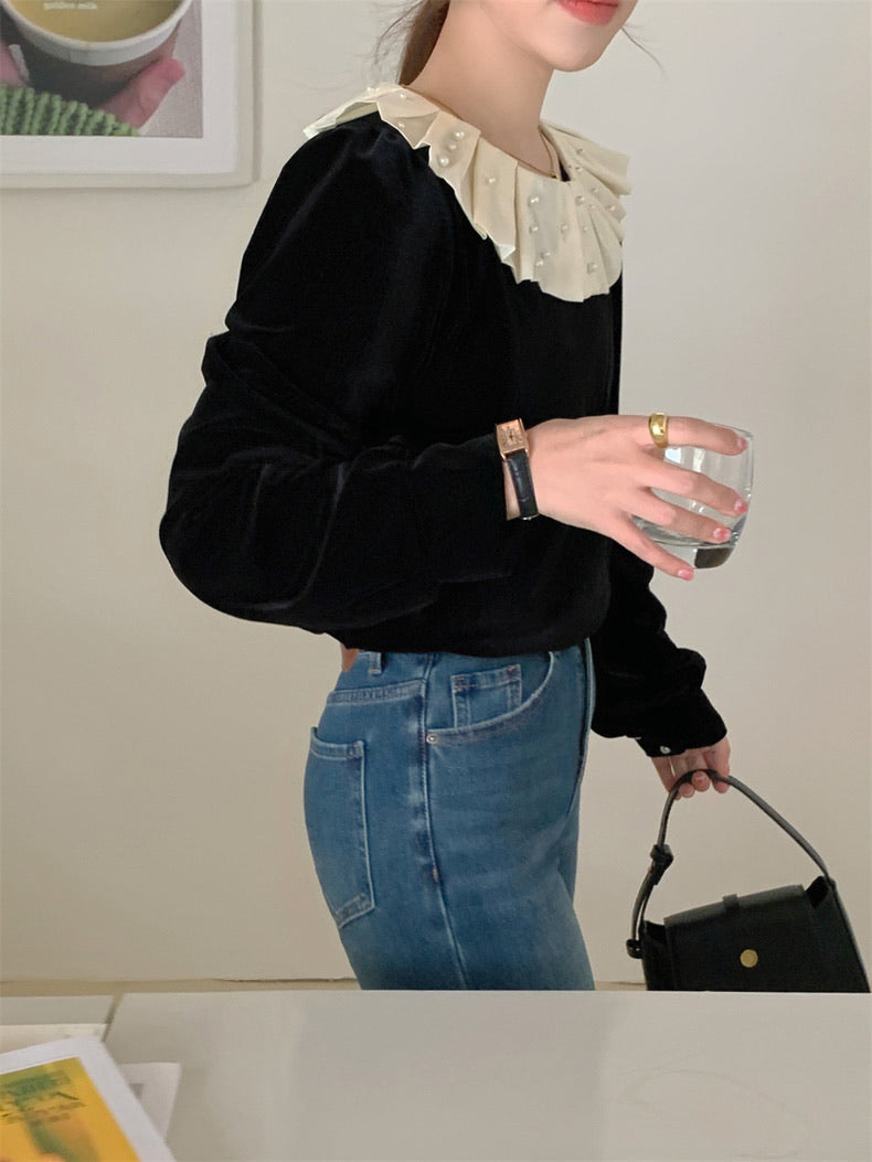 荷葉珍珠領絲絨上衣