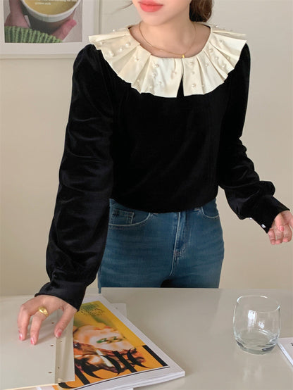 荷葉珍珠領絲絨上衣