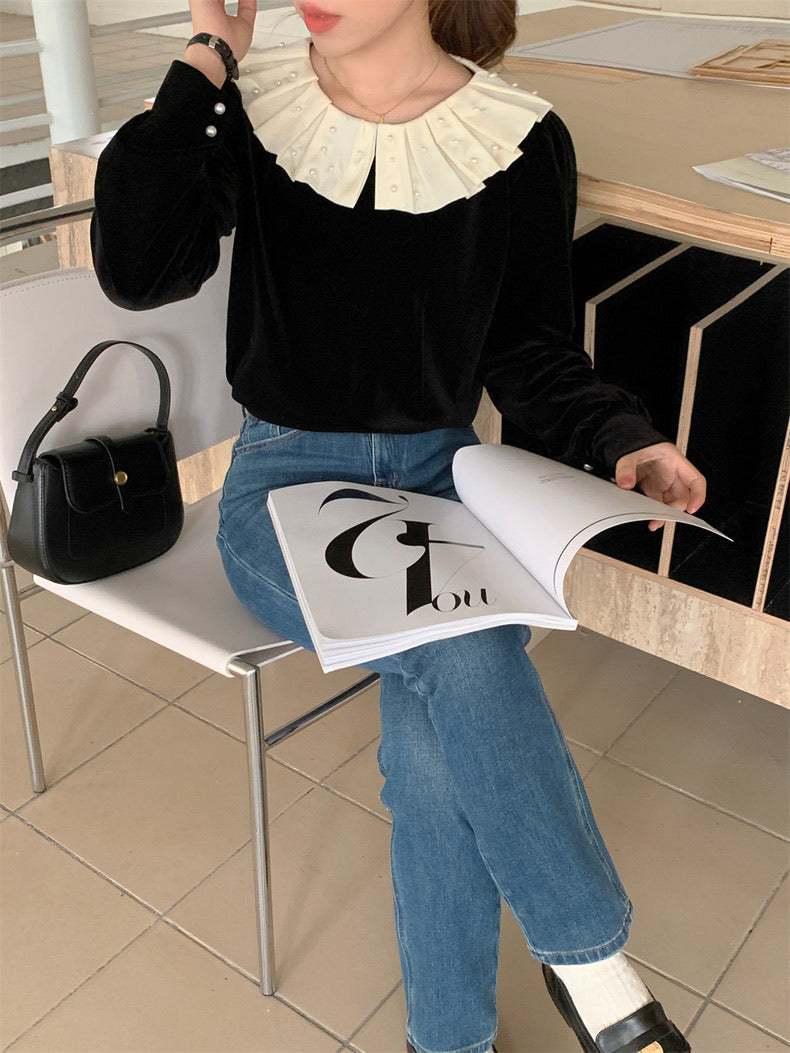 荷葉珍珠領絲絨上衣