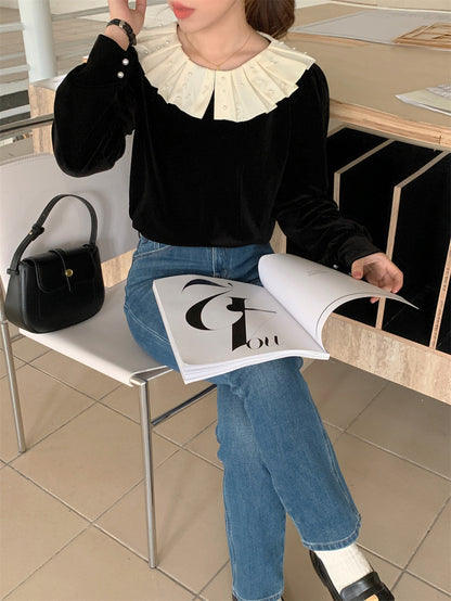 荷葉珍珠領絲絨上衣