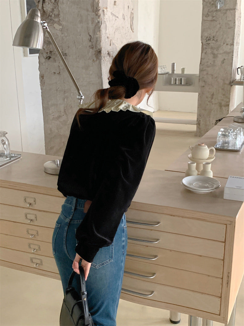 荷葉珍珠領絲絨上衣