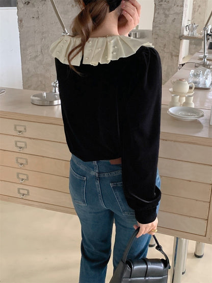 荷葉珍珠領絲絨上衣