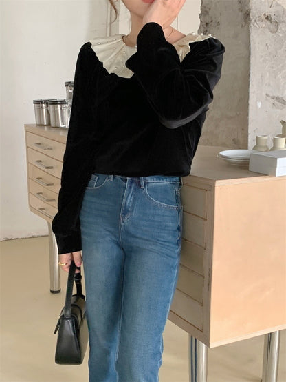 荷葉珍珠領絲絨上衣